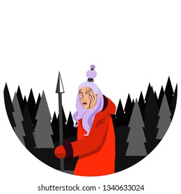 Vector image of woman-warrier in winter forest