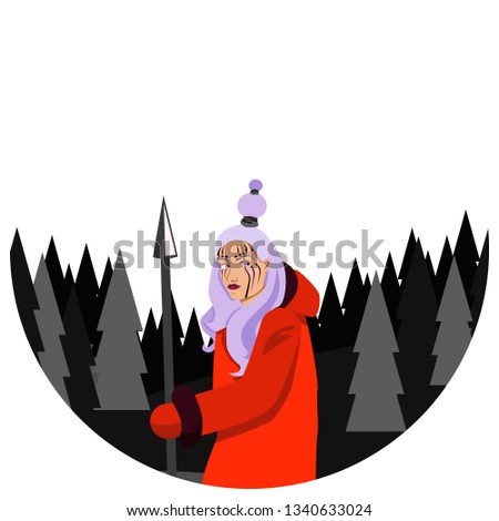 Vector image of woman-warrier in winter forest