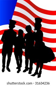 Vector image of women and men during the festival, under the American flag