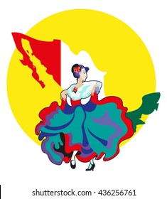 Vector image of women in the Mexican national dress, dancing on 
the Mexican dance background maps of Mexico