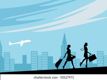 Vector image of women with travel cases