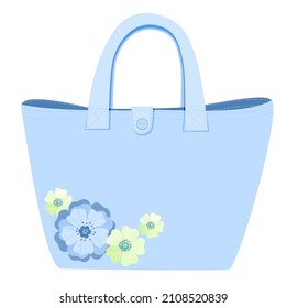 Vector image of a women's bag in blue.  Shopping bag.  The bag is decorated with blooming flowers.  Illustration in a flat style.