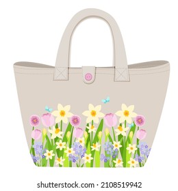Vector image of a women's bag.  Shopping bag.  The bag is decorated with spring flowers.  Illustration in a flat style.