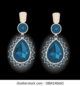 imagen vectorial de los pendientes de las mujeres hechos de piedras preciosas en azul sobre un fondo negro