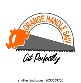 Vector image of a wood saw with an orange handle with orange writing in a semicircle position.