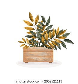 Vector image of a wooden box with autumn foliage, isolated on white background. Made in a complex cartoon style. EPS 10