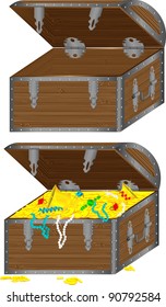 The vector image of a wooden chest with treasures and an empty chest