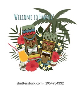 Vector image of wooden Hawaiian tiki sculptures decorated with hibiscus flowers, plumeria, palm leaves. Design elements for print, banner, flyer.