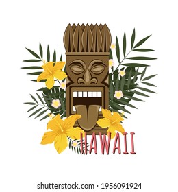 Vector image of a wooden Hawaiian tiki sculpture decorated with hibiscus flowers, plumeria and palm leaves. Design elements for print, banner, flyer.