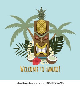 Vector image of a wooden Hawaiian tiki statue, decorated with flowers, palm leaves, coconuts. Design elements for print, banner, flyer.