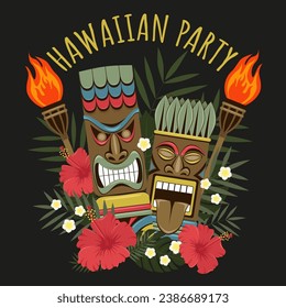 Vektorbild von hölzernen hawaiianischen Tiki-Skulpturen, die mit Hibiskusblumen, Pflaumen, Palmblättern verziert sind. Design-Elemente für Druck, Banner, Flyer.