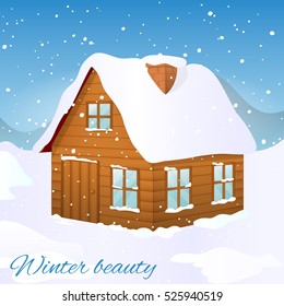 Vector image of the wooden house covered with snow in a beautiful nature. Merry Christmas and Happy New year card or invitation in cartoon style. Vector illustration. NY Collection