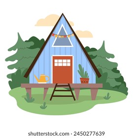 Imagen de Vector de una cabaña de madera con una escalera sobre el fondo de un matorral forestal. Es ideal para el diseño de Anuncios y la publicidad de viajes y Ocio fuera de la ciudad