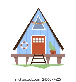 Imagen de Vector de una cabaña de madera con una escalera sobre un fondo blanco. Es ideal para el diseño de publicidad de viajes, ocio y visualización de la arquitectura hotelera.