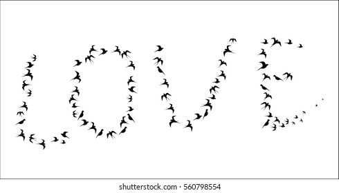 Vector image of the word "Love" formed with silhouettes of birds