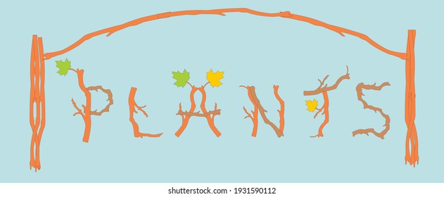 vector image of the word plants in the form of branches and leaves on a blue background, plant word illustration