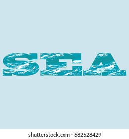Vector image of the word sea with superimposed texture of a calm sea surface on a light blue background