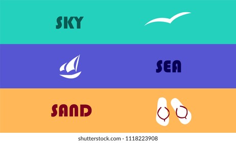 Vector image of the words sky, sea and sand in a retro style, on a block coloured background, with relevant symbols
