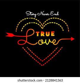 Vector image with the words "true love" with red yellow gradient color and black background.