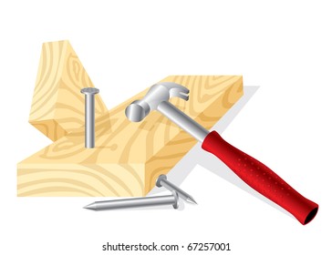 vector image of a working hammer, nails and boards