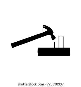 Vector image of a working hammer, nails and boards. Flat design.
