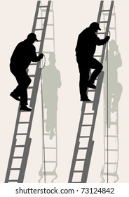 Vector image of working on a high ladder against wall