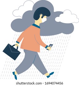 Vector image of workman with briefcase and mobile phone. Clouds and rain. Illustration isolated on white background. 
