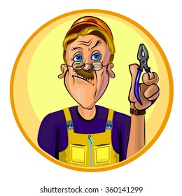 Vector image of a workman holding pliers in his hand. Made in comic cartoon style.