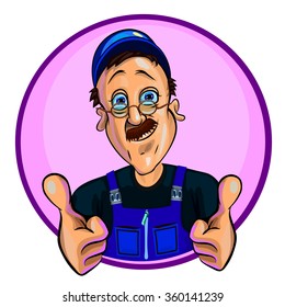 Vector image of a workman showing thumbs up - gesture of the approvement. Made in comic cartoon style.