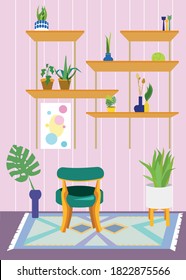 
vector image of workplace with flowers, chair and carpet