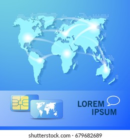 Vector image with world map and abstract communications. The bottom of the layout shows two SIM cards of the "standard" size and a dash for your text.