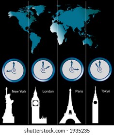 Vector image of a world map with clocks showing time of four cities (New York, London, Paris and Tokyo) and famous attractions in those cities