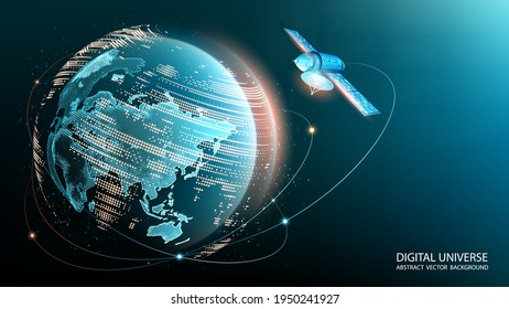 Vector image. World Wide Web. A satellite in orbit transmits a signal to the surface of our planet. Internet. Modern technologies and global communications. Blue technological background. Planet Earth