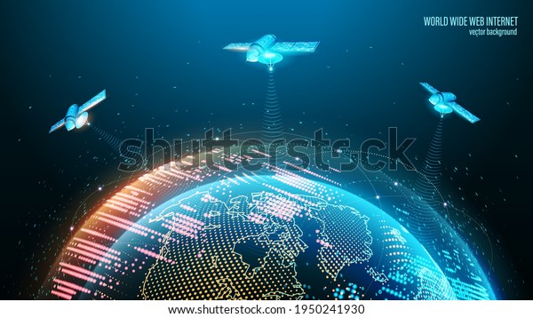 Vector image. World Wide Web. Satellites in orbit\
transmit a signal to the planet\'s surface. Technological blue\
background. Planet Earth and outer space. Contours of continents\
and abstract lights.