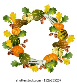 Vector image. Wreath of autumn harvest squash and oaks, oak leaves. Autumn decor for the holiday.