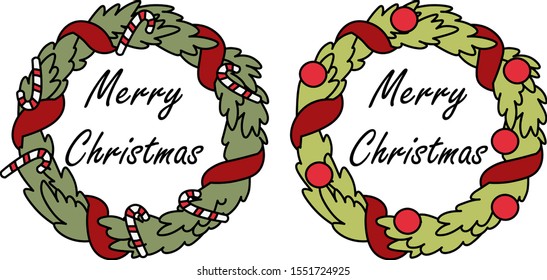 Vector image of a wreath. Christmas preparation, traditional decoration, christmas. Festive ribbon, Christmas toys, spruce branches. The inscription "Merry Christmas".