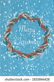 
vector image of a wreath with congratulations on a blue background with snow