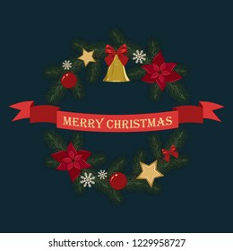 Vector image of a wreath of fir branches, decorated with stars, bows, balls, flowers, bell, snowflakes, ribbon. Christmas decoration.