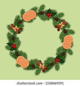 Vector image of a wreath of fir branches. Christmas wreath decorated with oranges, cinnamon, anise, berries.