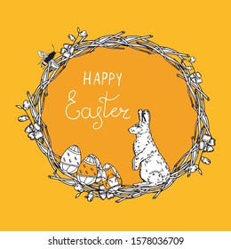  Vector image of a wreath with flowers for Easter. Lettering, hare, rabbit, colored eggs. Traditions. 