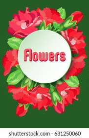 Vector image with wreath red carnations under a round plate for text. Dark green background with halftone of light green color.