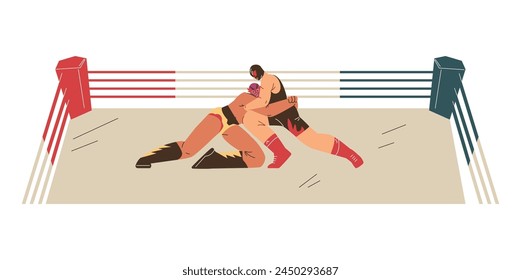 Vector image of wrestling wrestlers in a duel in the ring, demonstrating the techniques of freestyle and Greco-Roman wrestling. A demonstration of strength and skill highlighted in white