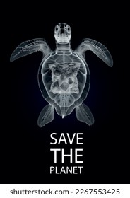 Imagen vectorial de una radiografía de una tortuga marina con basura plástica en el interior. Afiche de ecología que pide la lucha contra los problemas de la contaminación de los océanos y el medio ambiente.