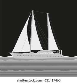 vector image of a yacht with sails on the sea on a black background