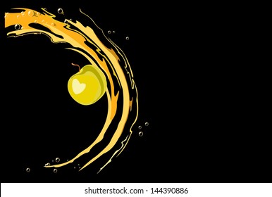 vector image of yellow apple and water drops, isolated on black