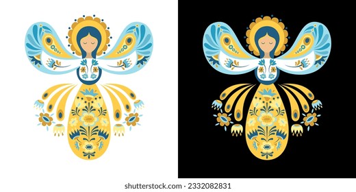 Vector image in yellow and blue with an angel in the Ukrainian style on a white and black background.