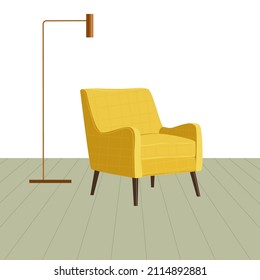 Imagen vectorial de una silla amarilla. Silla suave con reposabrazos. Detrás de la silla hay una lámpara de suelo. Ilustración en un estilo plano.