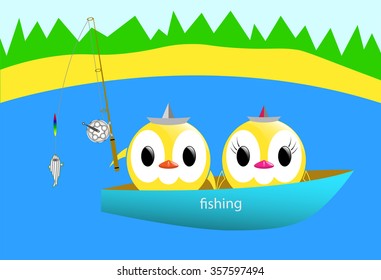 vector image - yellow chicks in a boat fishing