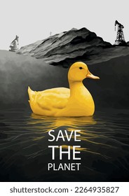 Vector image of a yellow duck swimming in oil against the background of oil rigs. Environmental poster template calling for saving the planet from anthropogenic pollution