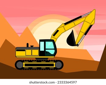 Imagen vectorial de una excavadora amarilla con fondo montañoso marrón